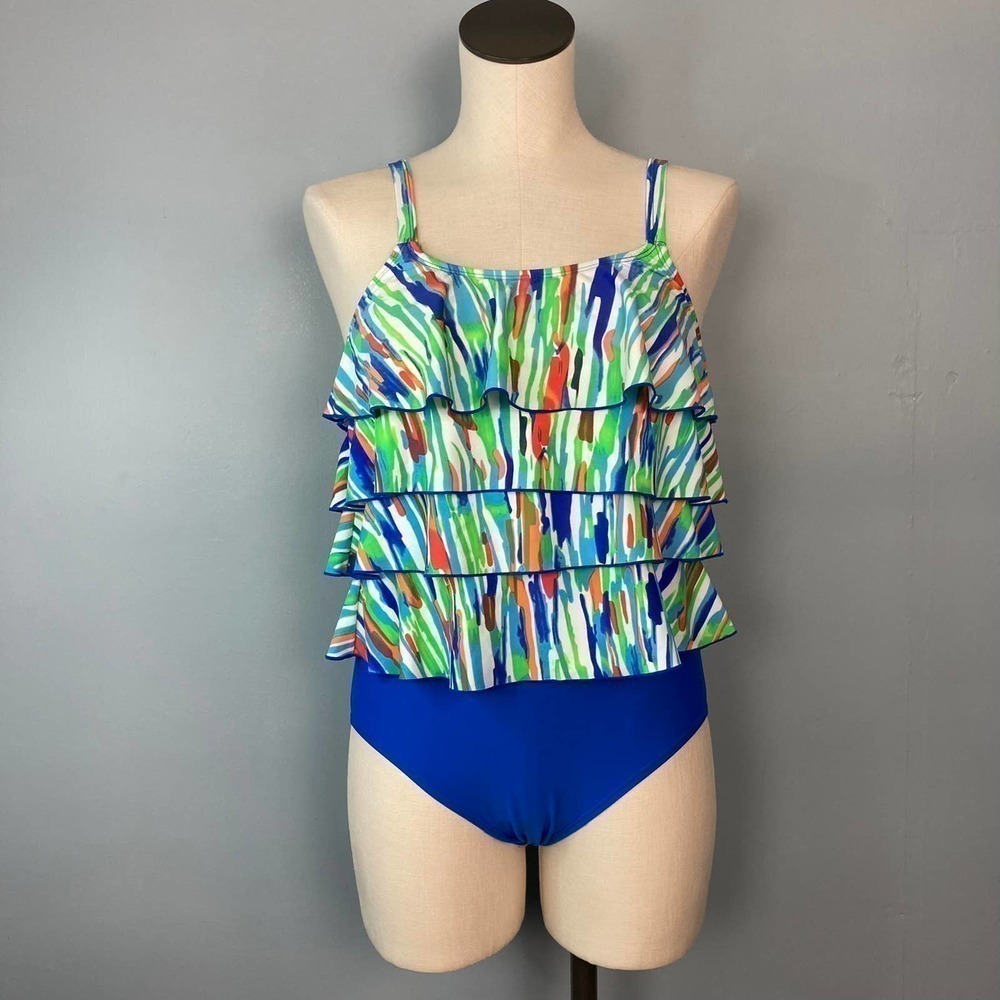 𝅺ceeb Multicolored Royal Blue Ruffle Tiered One Piece Swimsuit Women's Size 10